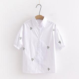 Balloon-sleeve Cactus Embroidered Shirt