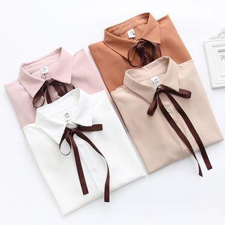 Long Sleeve Tie-neck Plain Shirt