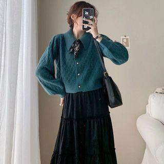Tie-neck Cropped Cardigan / Tiered Midi A-line Skirt / Set