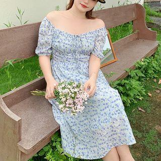 Puff-sleeve Square-neck Floral Ruched Dress