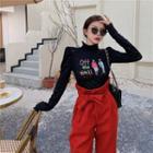 Mock-neck Printed Top / Ruffle Straight-cut Pants