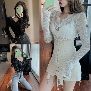 Long-sleeve Lace Top / Mini Sheath Skirt