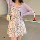 Long-sleeve Plain Cardigan / Floral Overall Dress