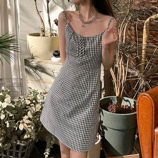 Spaghetti Strap Gingham Mini Dress Black & White - One Size