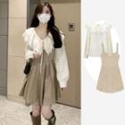 Long-sleeve Frill Trim Blouse / Pleated A-line Overall Dress / Set