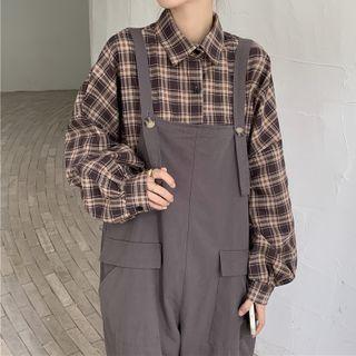 Lantern-sleeve Plaid Shirt / Wide Leg Jumper Pants