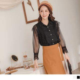 Lace Trim Mesh Panel Long Sleeve Shirt