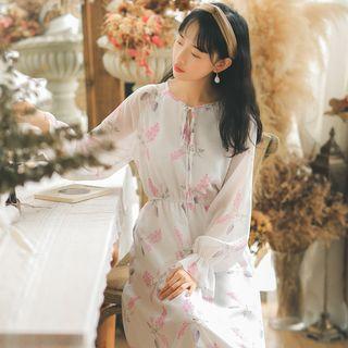 Ruffle Trim Floral Long-sleeve Chiffon Dress