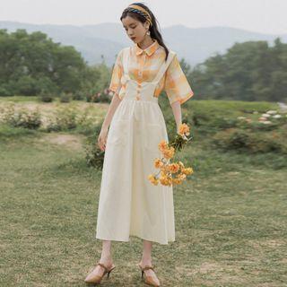 Set: Gingham Short-sleeve Blouse + Midi Suspender Skirt