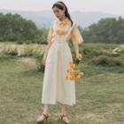Set: Gingham Short-sleeve Blouse + Midi Suspender Skirt