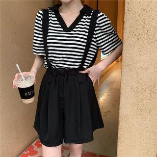 Set: Short-sleeve V-neck Striped Top + Plain Jumper Shorts