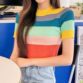 Short-sleeve Color Block Mock-neck Knit Top