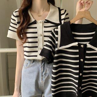 Short-sleeve Collar Striped Button-up Knit Top