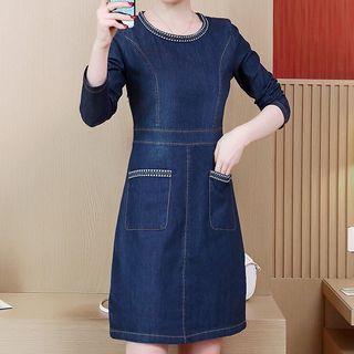 Long-sleeve Embroidered A-line Denim Dress