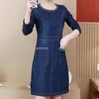 Long-sleeve Embroidered A-line Denim Dress