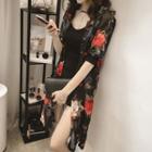 Elbow-sleeve Floral Print Long Light Jacket