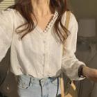 Long-sleeve Lace Buttoned V-neck Blouse As Shown In Figure - One Size