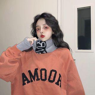 Mock Two-piece Turtleneck Lettering Long Sweatshirt