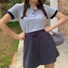 Contrast Collar Cropped Polo Shirt / Mini A-line Skirt