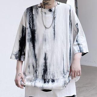 Printed Mock Two-piece Distressed Panel Short-sleeve T-shirt