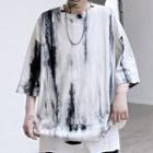 Printed Mock Two-piece Distressed Panel Short-sleeve T-shirt