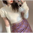 Short-sleeve Plain Cropped Knit Top + Arm Warmers White - One Size