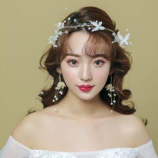 Wedding Set: Faux Pearl Buttoned Headpiece + Fringed Earring Headpiece & Clip On Earring - White & Beige - One Size