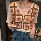 Short-sleeve V-neck Knit Cardigan Floral - One Size