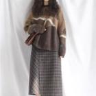 Set: Color Block Sweater + Plaid Midi A-line Skirt