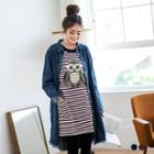 Paneled Owl Striped Fleecy Pullover Dress