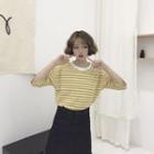 Perforated Striped Elbow-sleeve T-shirt
