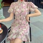 Puff-sleeve Floral Print Mini A-line Qipao Dress