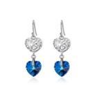 925 Sterling Silver Elegant Vintage Heart Openwork Earrings With Blue Austrian Element Crystal Silver - One Size