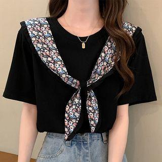 Mock Two Piece Floral Short-sleeve Plain T-shirt