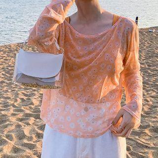 Daisy Print Long-sleeve Sheer Top