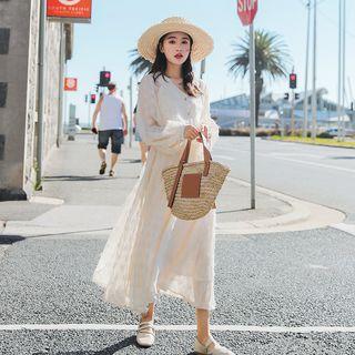 Set: V-neck Blouse + High Waist Midi A-line Skirt