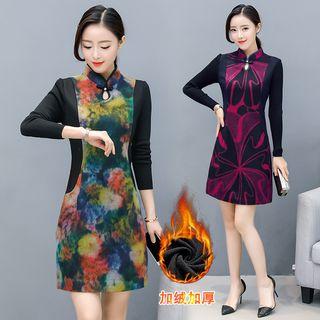 Mandarin Collar Printed Long-sleeve Sheath Dress
