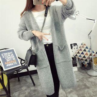 Plain Open-front Long Cardigan / Printed Color Block Pullover