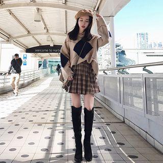 Set: Plaid Distressed Sweater + Mini Pleated Skirt