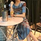 Set: Short-sleeve Paneled Knit Top + Striped Knit Skirt