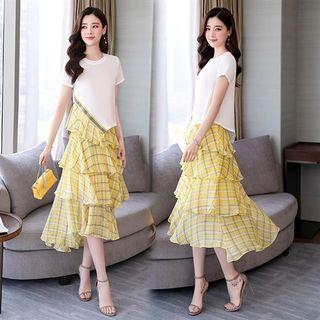Set: Short-sleeve Top + Plaid Tiered Midi Skirt