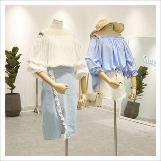 Plain Off Shoulder 3/4 Sleeve Chiffon Blouse