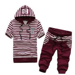 Set: Short-sleeve Striped Hooded Pullover + Cropped Sweatpants