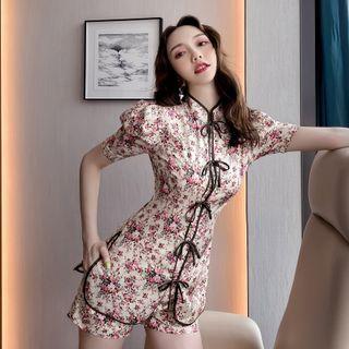 Set: Puff-sleeve Floral Print Cheongsam Top + Shorts
