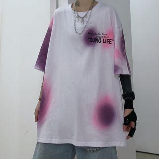 Elbow-sleeve Lettering Printed T-shirt White - One Size