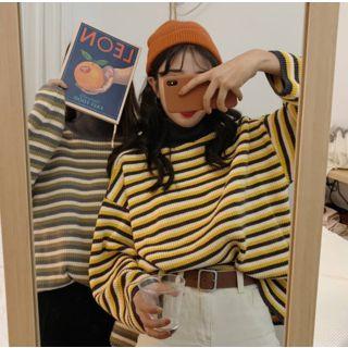 Drop Shoulder High Neck Striped Knit Top