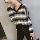 Wavy Striped V-neck Pointelle Knit Sweater
