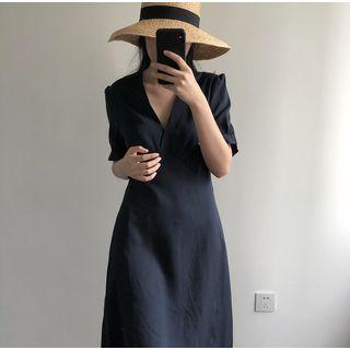 V-neck Short-sleeve Midi A-line Dress Navy Blue - One Size