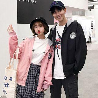 Couple Matching Hooded Lettering Zip-up Jacket