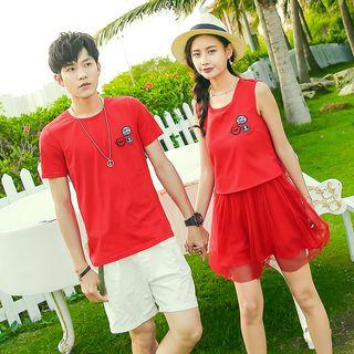 Couple Matching Patch Embroidered Short Sleeve T-shirt / Tank Dress